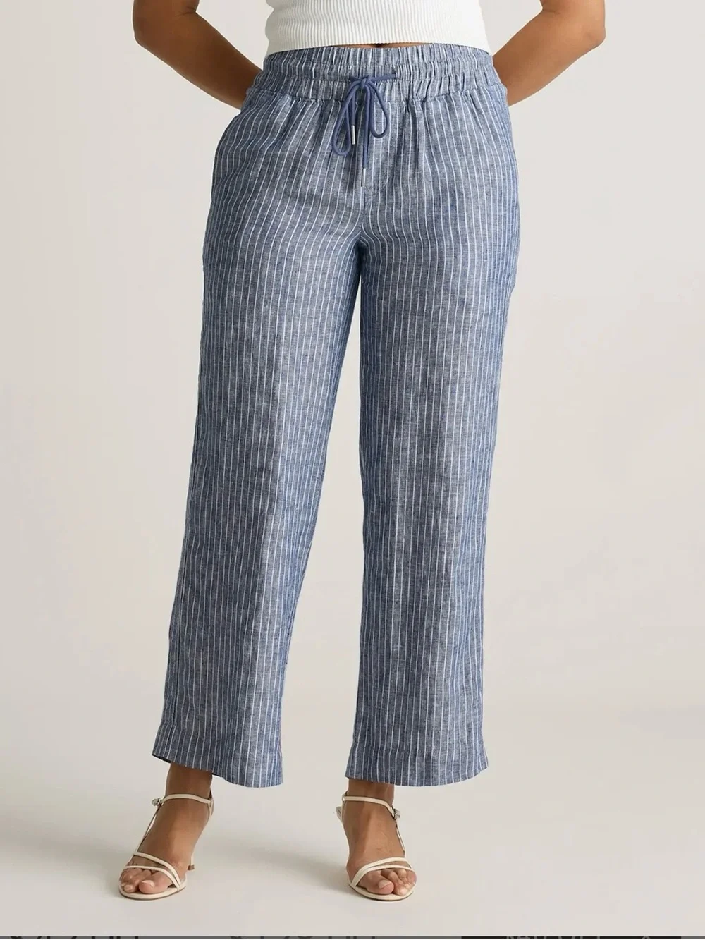 NWT QUINCE Women's 100% European Linen Wide Leg Pants In Chambray Stripe XL